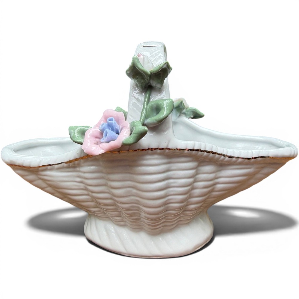 Vintage White Porcelain Basket w/ Applied Flowers | 1950s Ceramic Trinket
Dish
